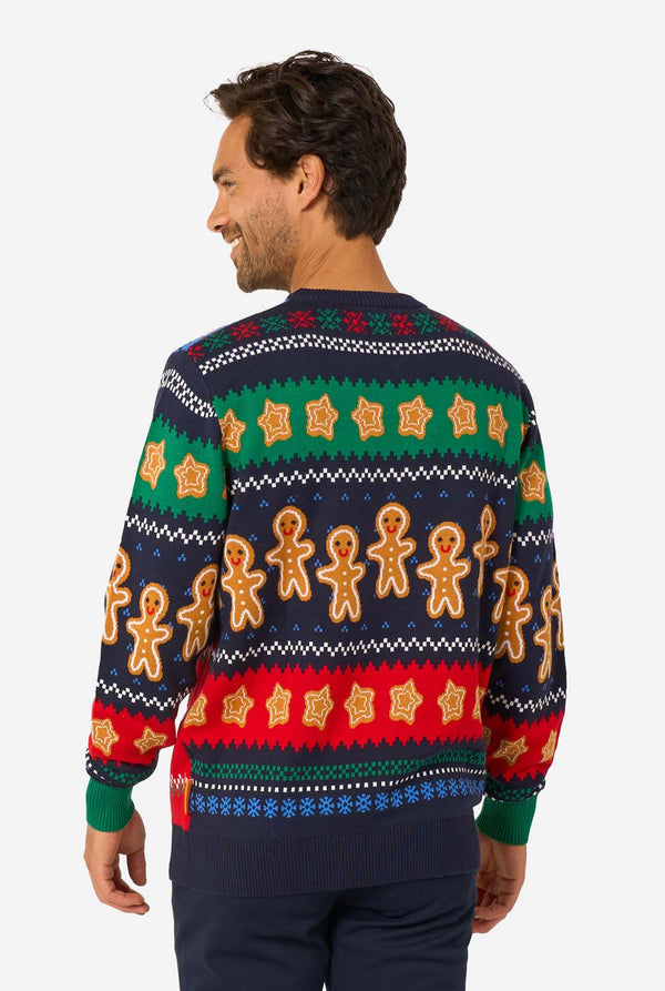 Man wearing a colorful Christmas sweater with gingerbread men pattern on a white background. View from the back