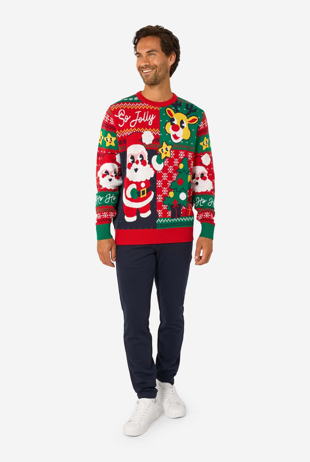 Man wearing a festive Christmas sweater with Santa Claus and reindeer design.