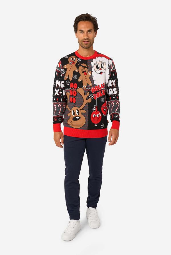 Man wearing a festive Christmas sweater with Merry Jinglejoy characters on a white background. Full body image