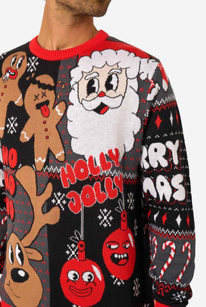 Christmas sweater with Santa Claus, gingerbread men, and candy cane design.