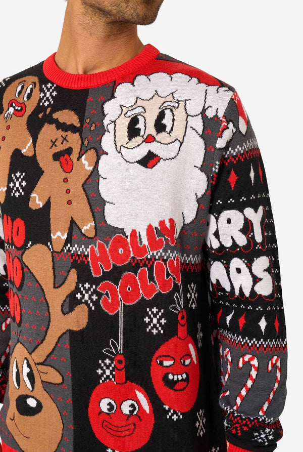 Christmas sweater with Santa Claus, gingerbread men, and candy cane design.