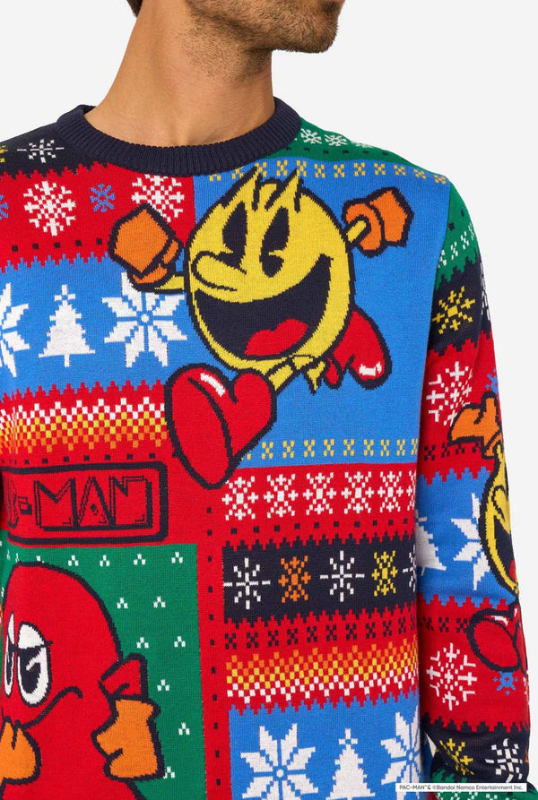 Colorful sweater with Pac-Man characters and Christmas patterns