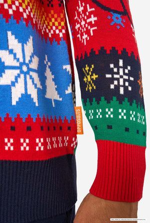 Colorful sweater with patterned sleeves on a white background