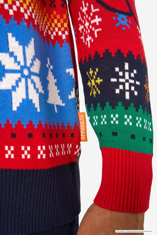 Colorful sweater with patterned sleeves on a white background