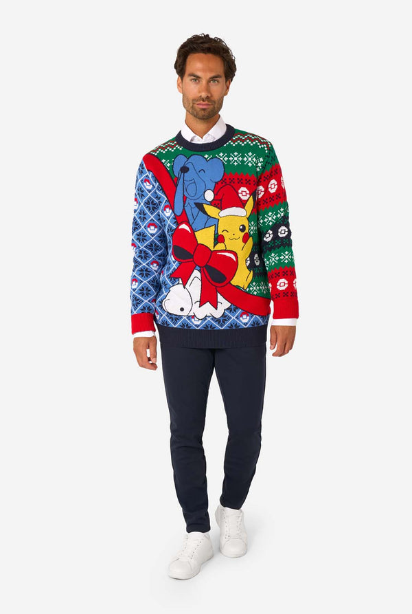 Man wearing a colorful Christmas-themed sweater with Pokemon characters on a white background. Full body image