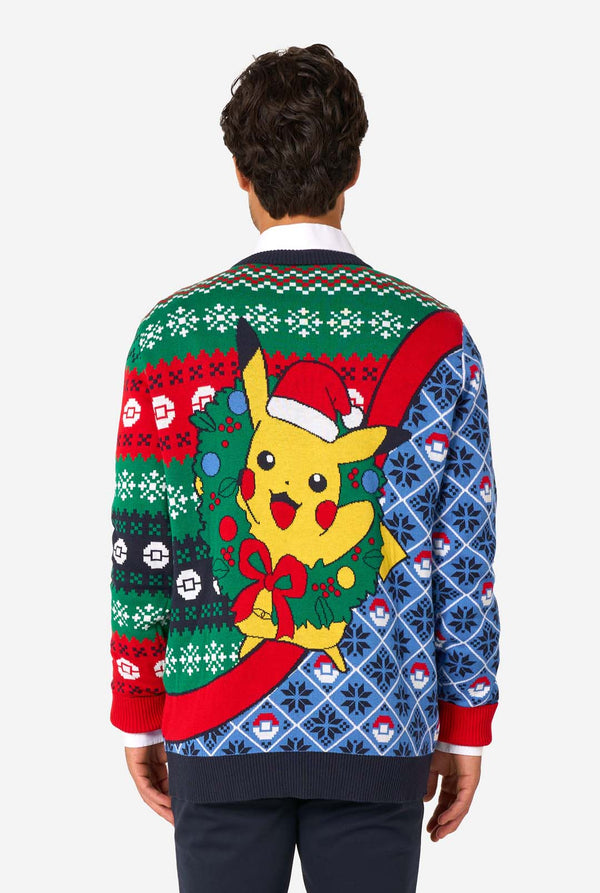 Person wearing a colorful Christmas-themed sweater with Pikachu on the back. View from the back