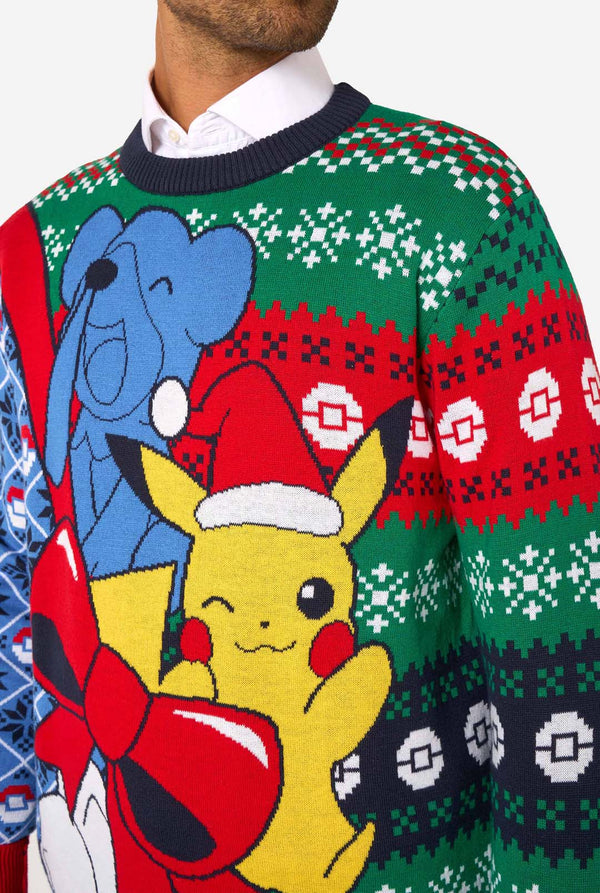 Christmas-themed sweater with Pikachu and Eeyore design