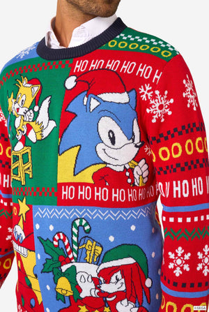 Colorful Christmas-themed sweater with Sonic characters and festive patterns.
