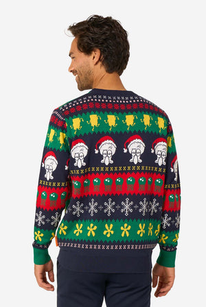 Man wearing a colorful Christmas sweater with Santa Claus design on a white background. View from the back