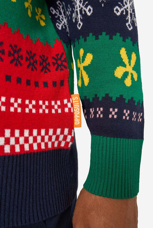 Close-up of a colorful sweater with patterned sleeves on a white background
