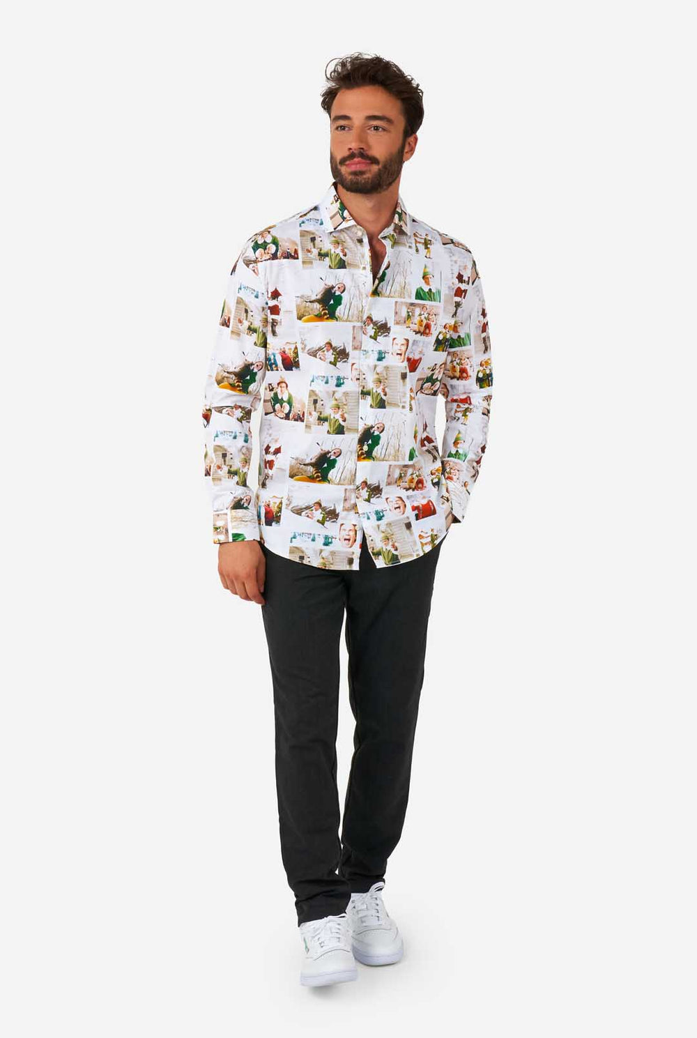Man wearing Men's Christmas shirt with Elf print 