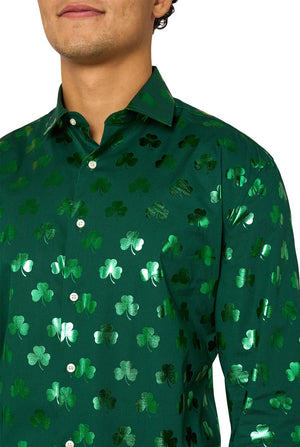 Green shirt with shamrock pattern worn by a person