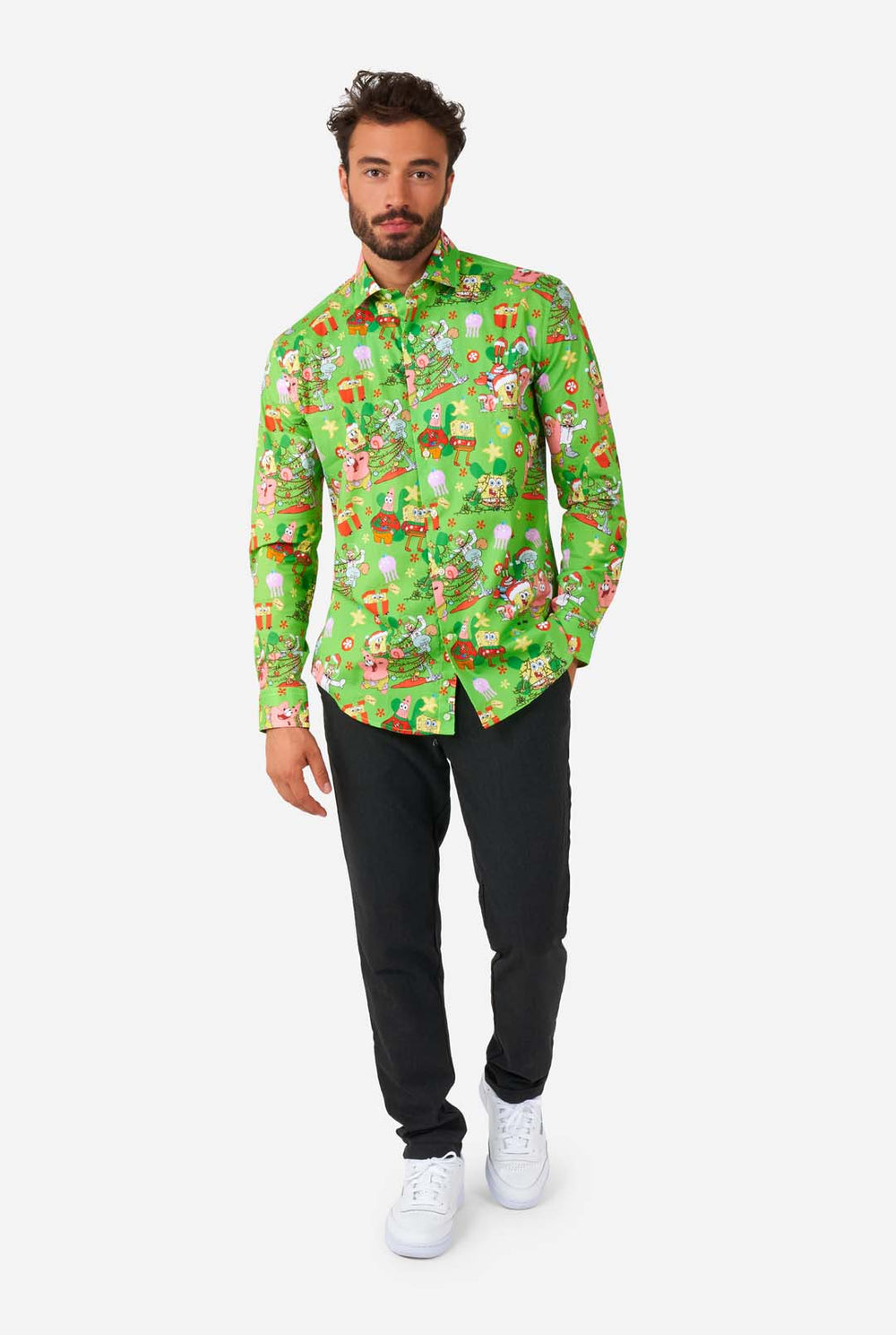 Man wearing green Christmas themed Men's Shirt Spongebob shirt