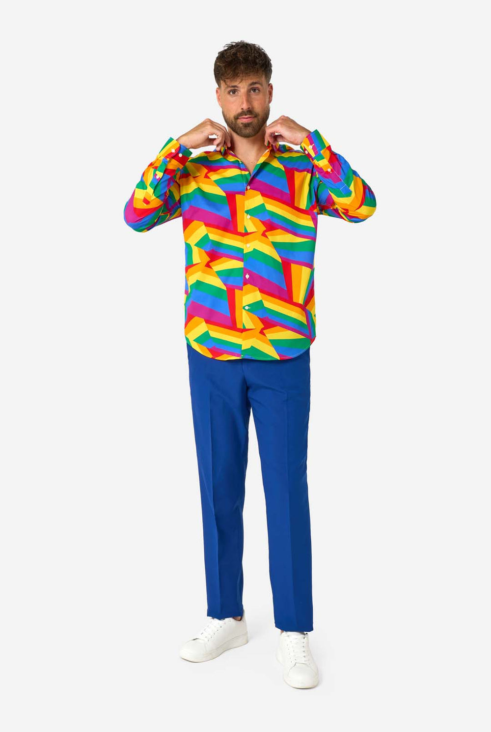 Man wearing a Rainbow colored geometric-patterned shirt on a white background