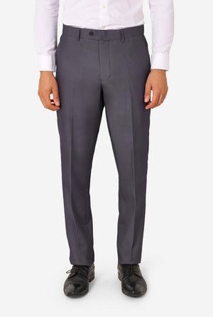 Gray dress pants worn with a white shirt and black shoes on a white background