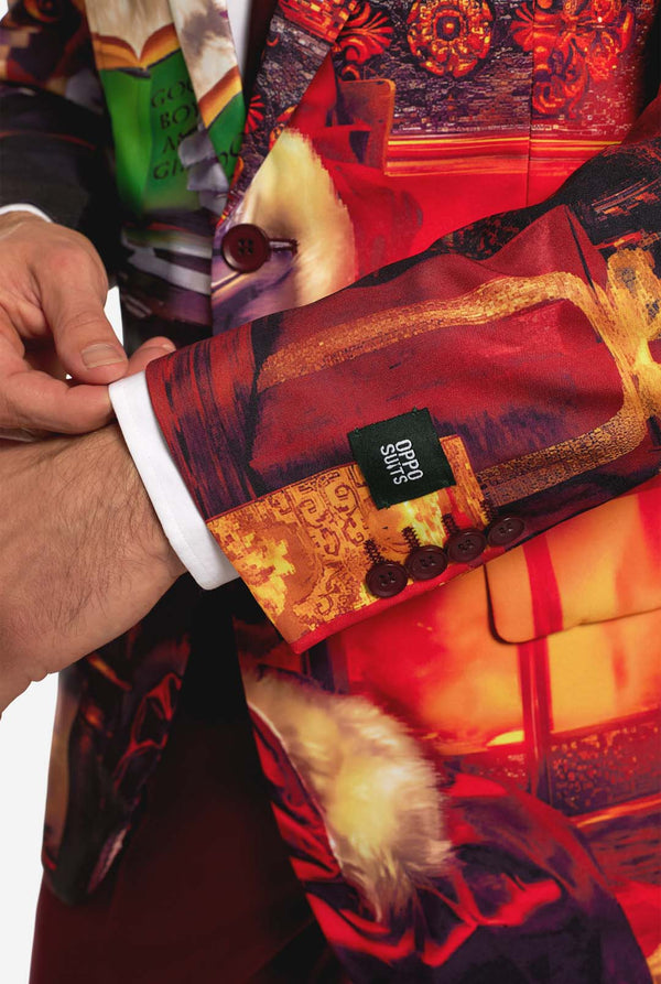 Man wearing burgundy red Christmas suit with vintage Christmas print, close up