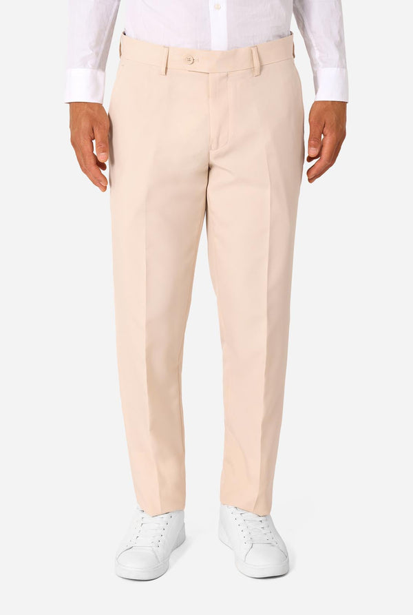 Sand colored pants worn by a person on a white background