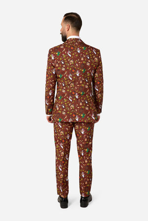 Man wearing a Donkey Kong patterned suit on a white background. View from the back.