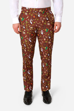 Brown Donkey Kong patterned pants worn by a person on a white background