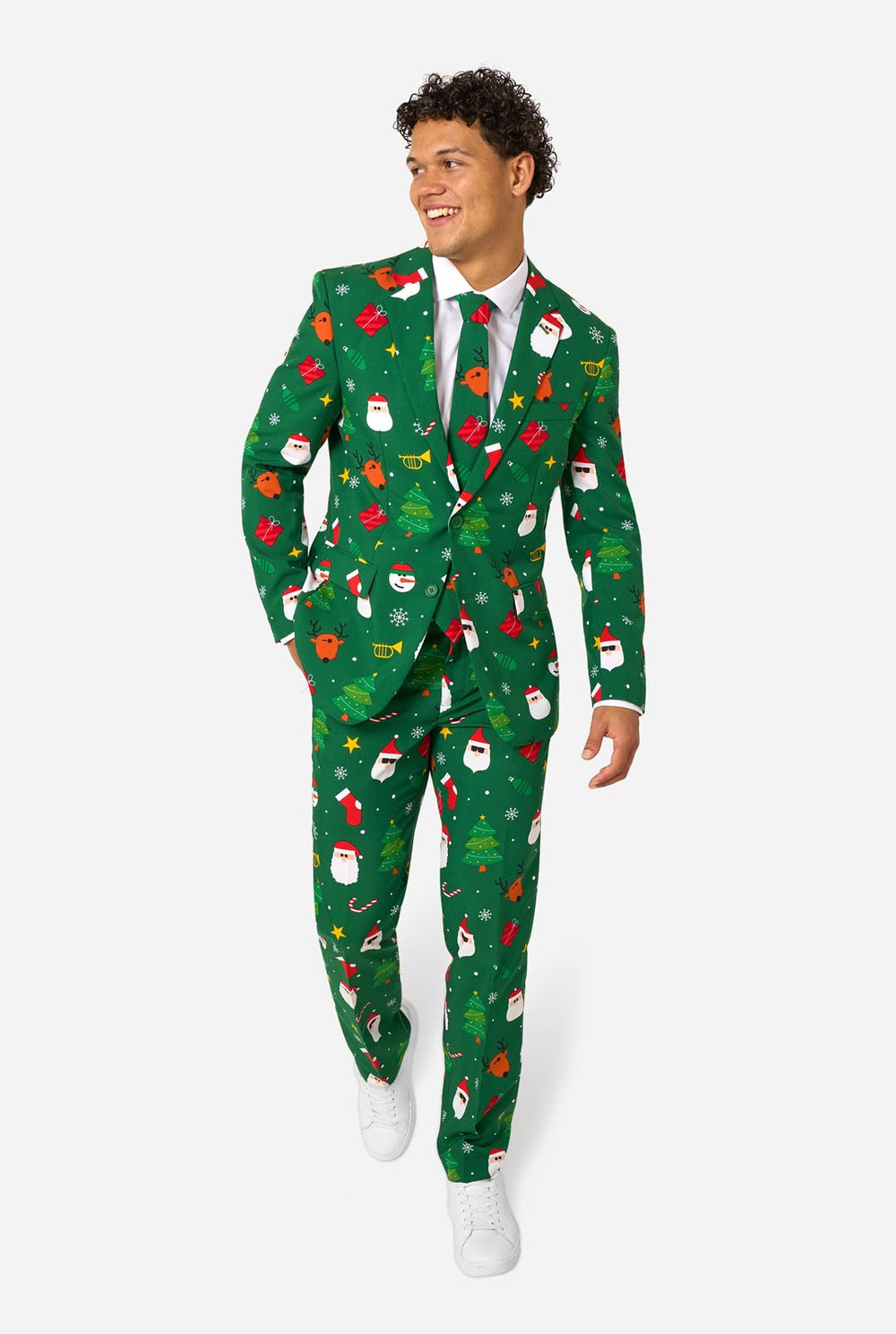 Man wearing green Christmas suits for men with Christmas icons