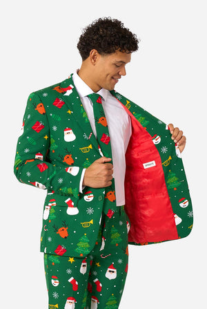 Man wearing green Christmas suits for men with Christmas icons. Holding one side of the image open.