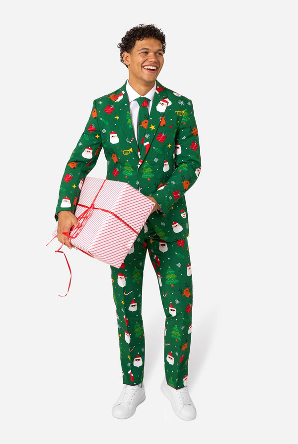 Man wearing green Christmas suits for men with Christmas icons and wearing present.