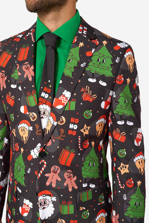 Christmas-themed suit jacket with colorful patterns on a plain background