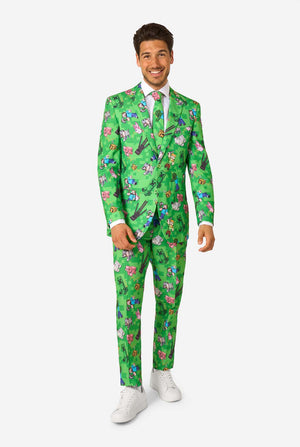 Man wearing a green Minecraft suit on a white background