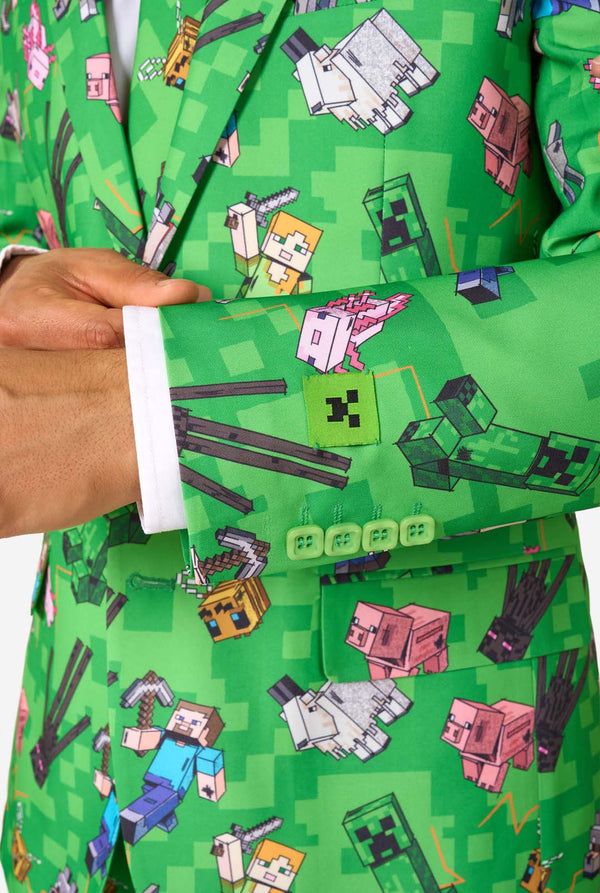 Green patterned jacket with Minecraft character prints
