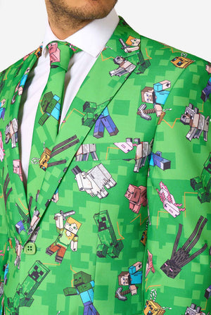 Green suit jacket with pixelated Minecraft character pattern on a white background
