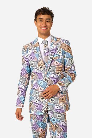 Man wearing a colorful suit with money print on a white background