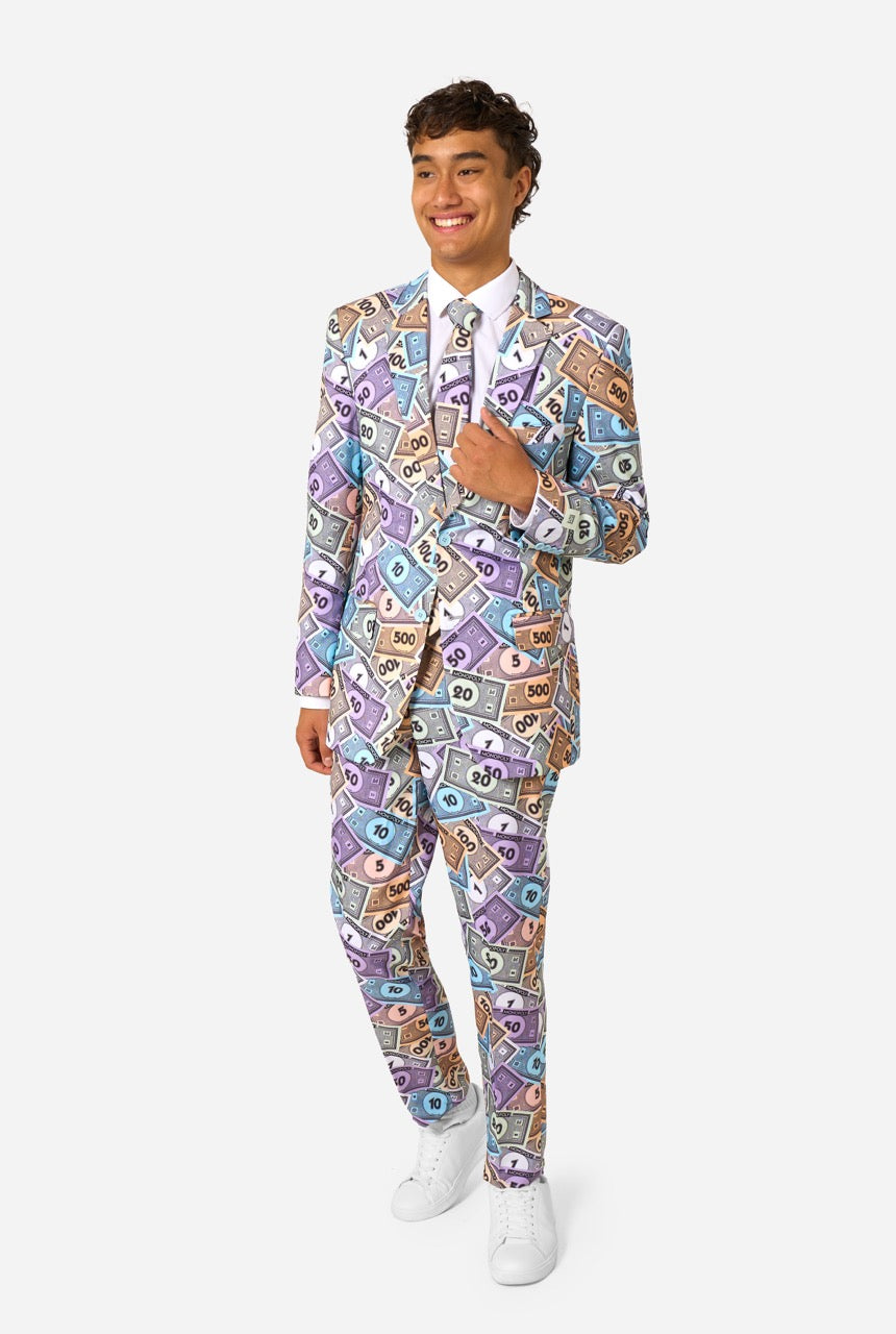 Man wearing a colorful suit with money print on a white background