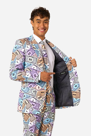 Person wearing a colorful suit with money pattern on a white background