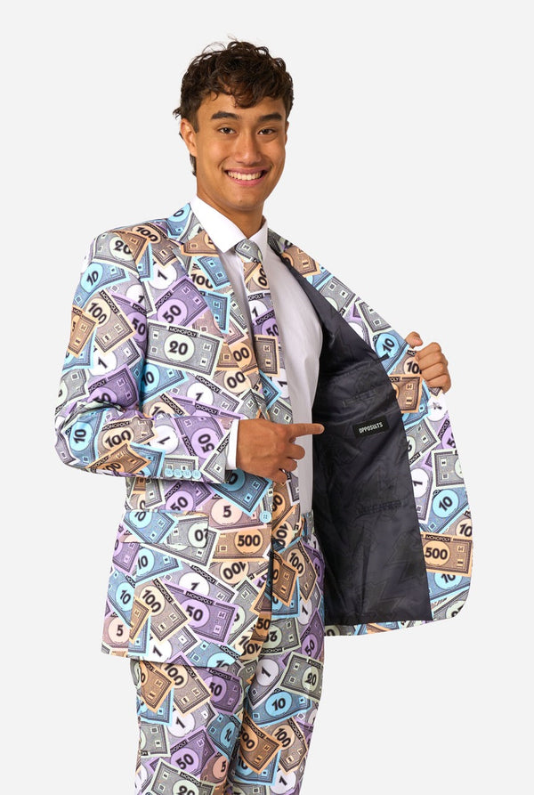 Person wearing a colorful suit with money pattern on a white background