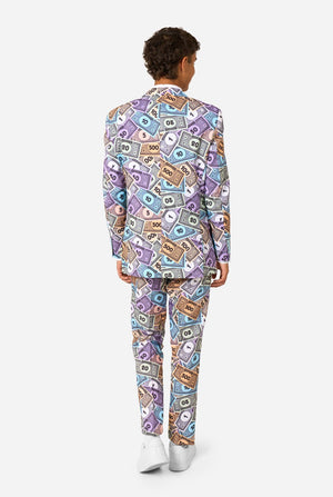 Person wearing a colorful suit with money bill pattern on a white background. View from the back