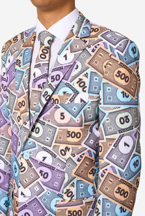 Suit jacket with money bill pattern worn by a person