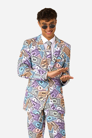 Person wearing a suit with a money pattern on a white background