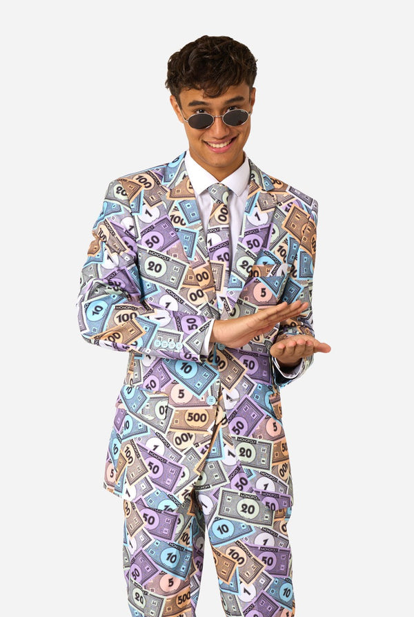 Person wearing a suit with a money pattern on a white background