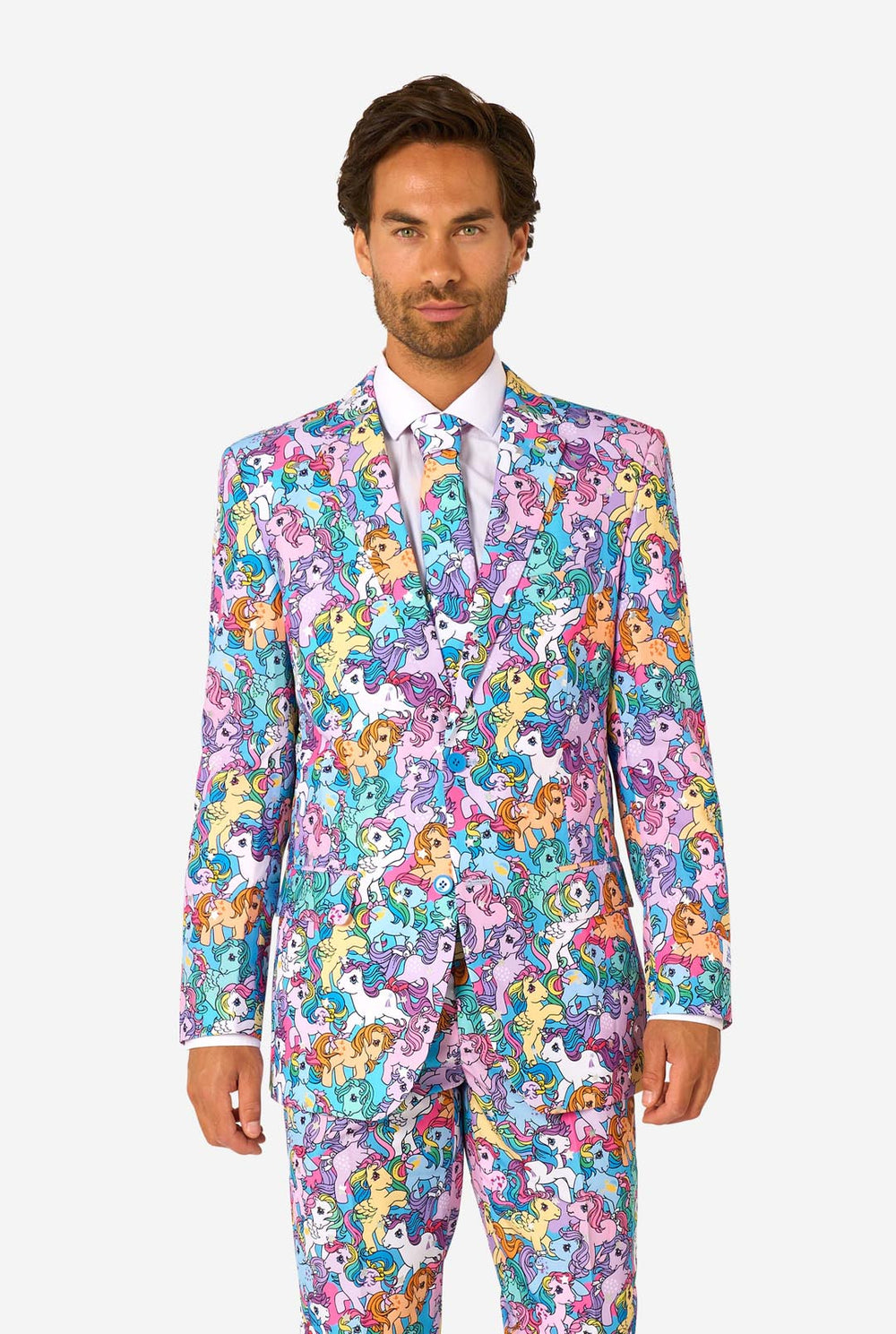 Man wearing a colorful My Little Pony suit with cartoon character pattern on a white background