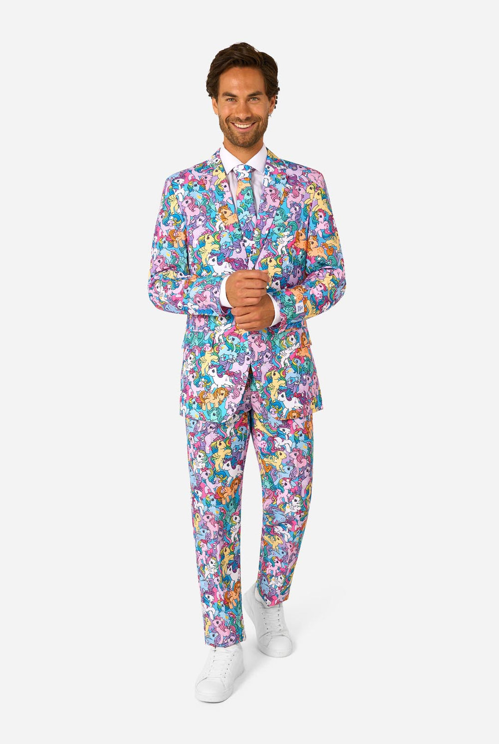 Man wearing a colorful My Little Pony suit with cartoon character pattern on a white background