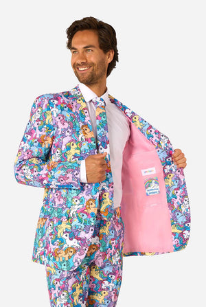 Man wearing a colorful My Little Pony suit with cartoon character pattern on a white background