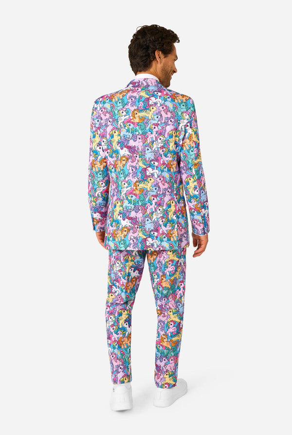 Man wearing a colorful My Little Pony floral suit on a white background. View from the back.