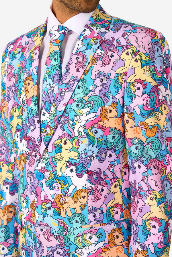 Colorful My Little Pony suit jacket with cartoon pony pattern on a white background