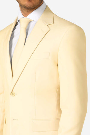 Light yellow suit jacket worn by a person on a white background