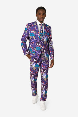 Man wearing a colorful suit with a Pokemon ghost pattern on a white background