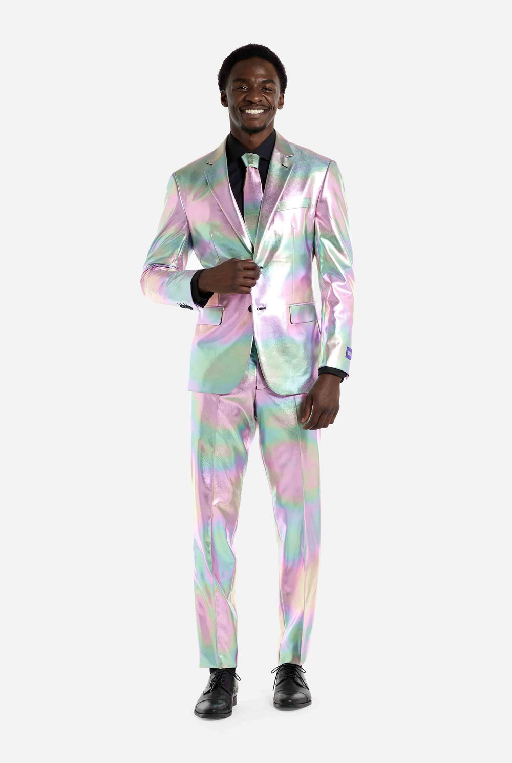Man wearing a iridescent suit on a white background