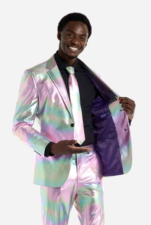 Man wearing a iridescent suit with a white background