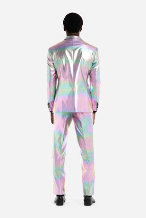 Person wearing a iridescent suit on a white background. View from the back