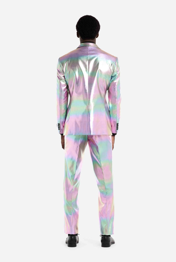 Person wearing a iridescent suit on a white background. View from the back