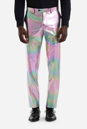 iridescent pants worn by a person on a white background